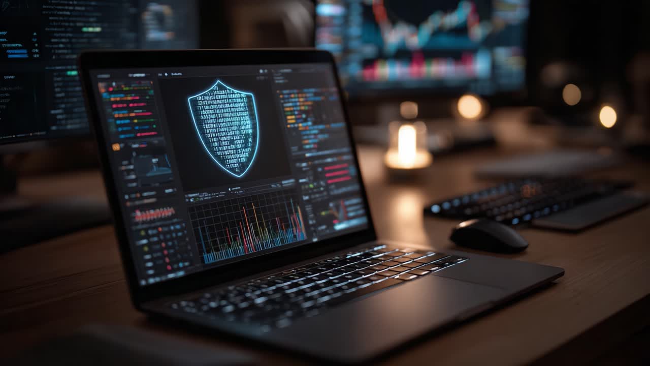 A Digital Security Interface on a Laptop Screen, Highlighting Data Visualization and Network Protection Concepts in a Tech-Driven Environment