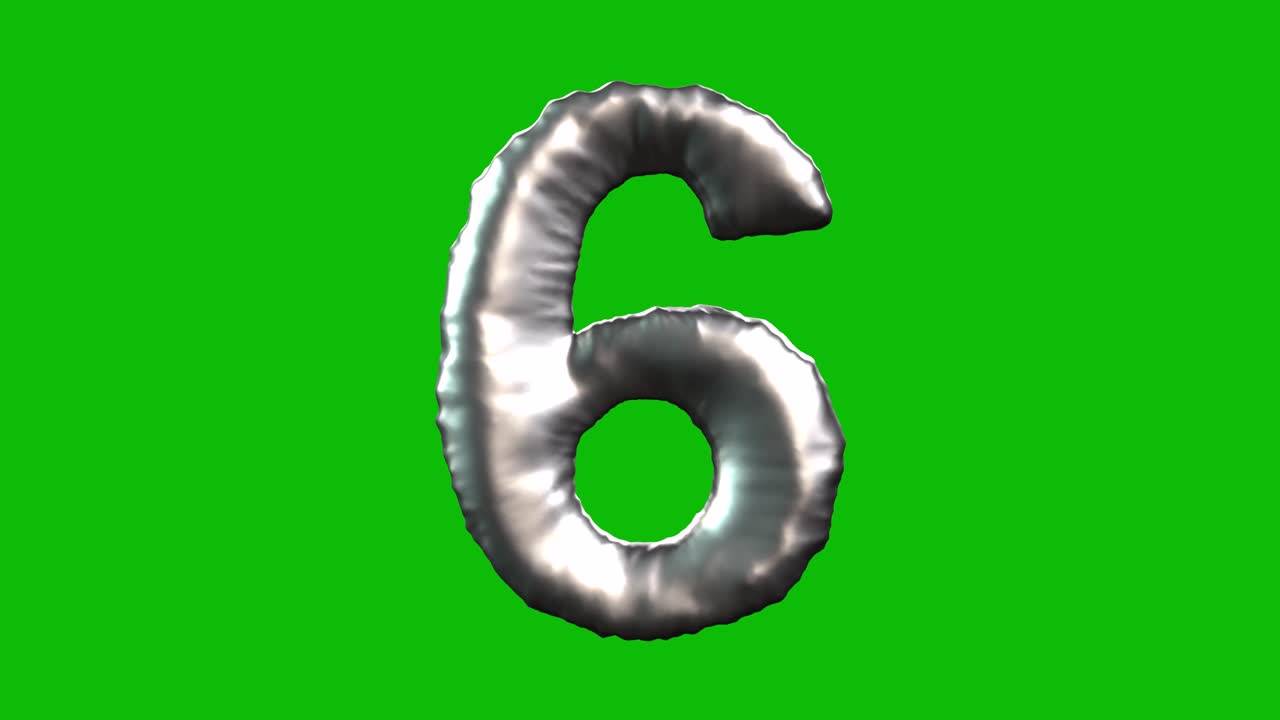 Il palloncino numero 6 in lamina argentata si gonfia, ruota e si rivela su schermo verde in animazione 3D. Ideale per feste, party, compleanni e progetti di video editing.
