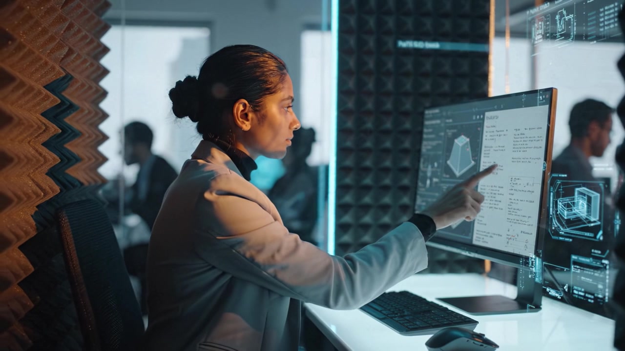 Focused Professional Analyzing Data on Computer in Modern Office Environment with High-Tech Graphics and Dynamic Visualizations in Background