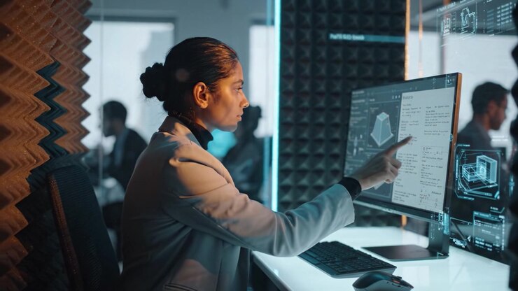 Focused Professional Analyzing Data on Computer in Modern Office Environment with High-Tech Graphics and Dynamic Visualizations in Background