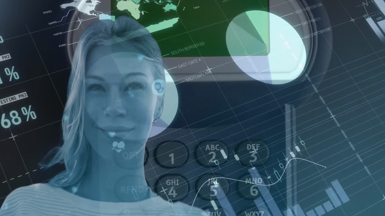 animación de procesamiento de datos a través de calculadora y mujer caucásica