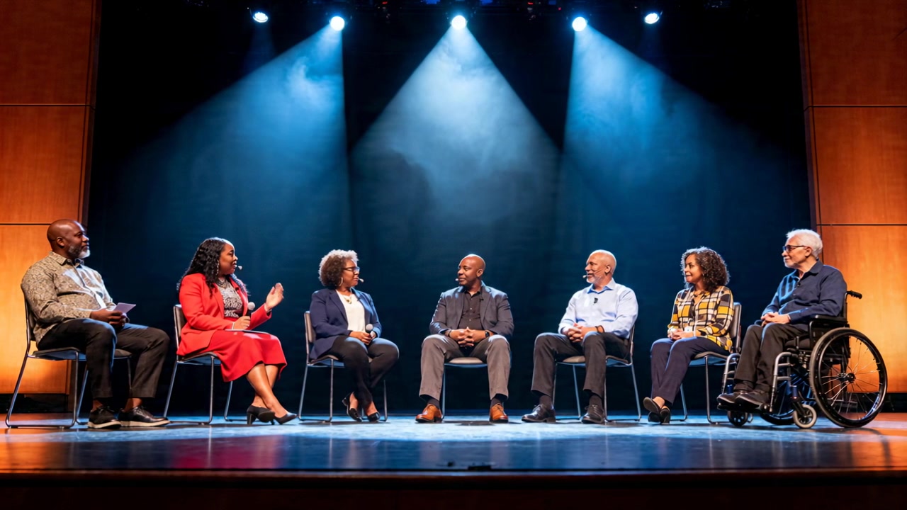 Donna che parla, la seconda da sinistra, in abito rosso, che conduce un panel sul palco sotto 3 luci, con una persona in sedia a rotelle che reagisce.