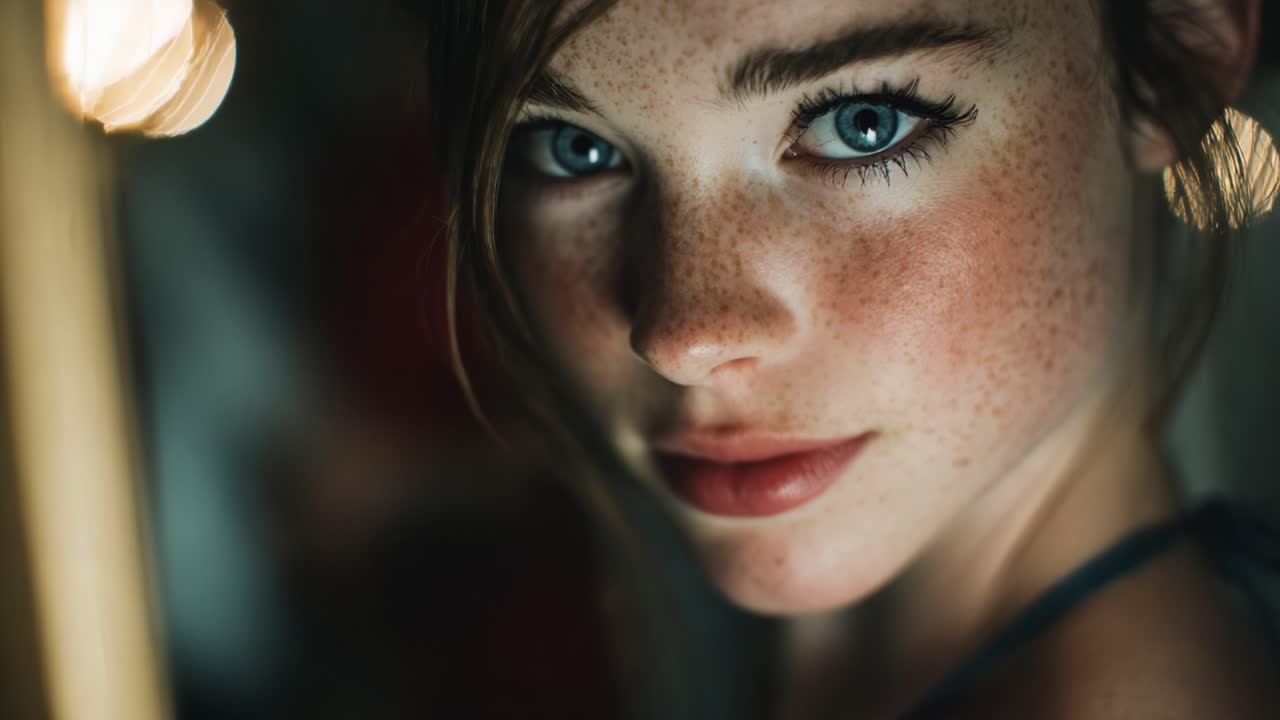 A Captivating Close-Up Portrait of a Freckled Young Woman with Striking Blue Eyes and an Intense Gaze, Illuminated by Soft, Warm Lighting