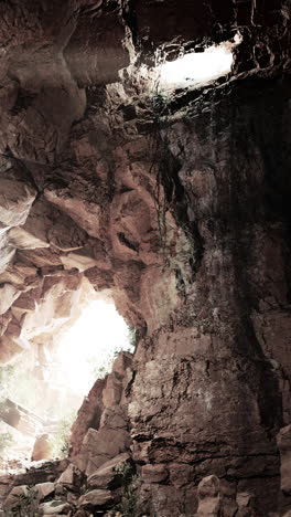 sunlight shines through the entrance of a dark cave