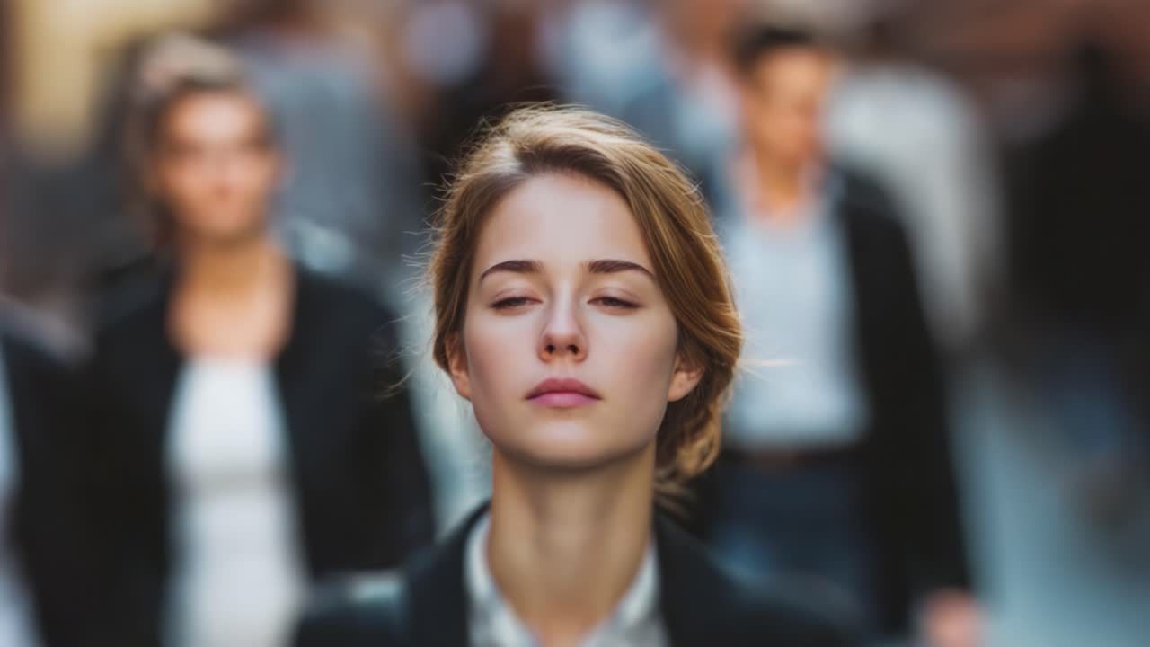 A Serene Portrait of Contemplation Amidst the Hustle of Urban Life: Capturing a Moment of Peaceful Reflection in a Crowded Street Scene