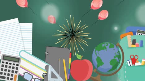 múltiples artículos escolares sobre fuegos artificiales y múltiples globos rosados con espacio de copia en fondo azul