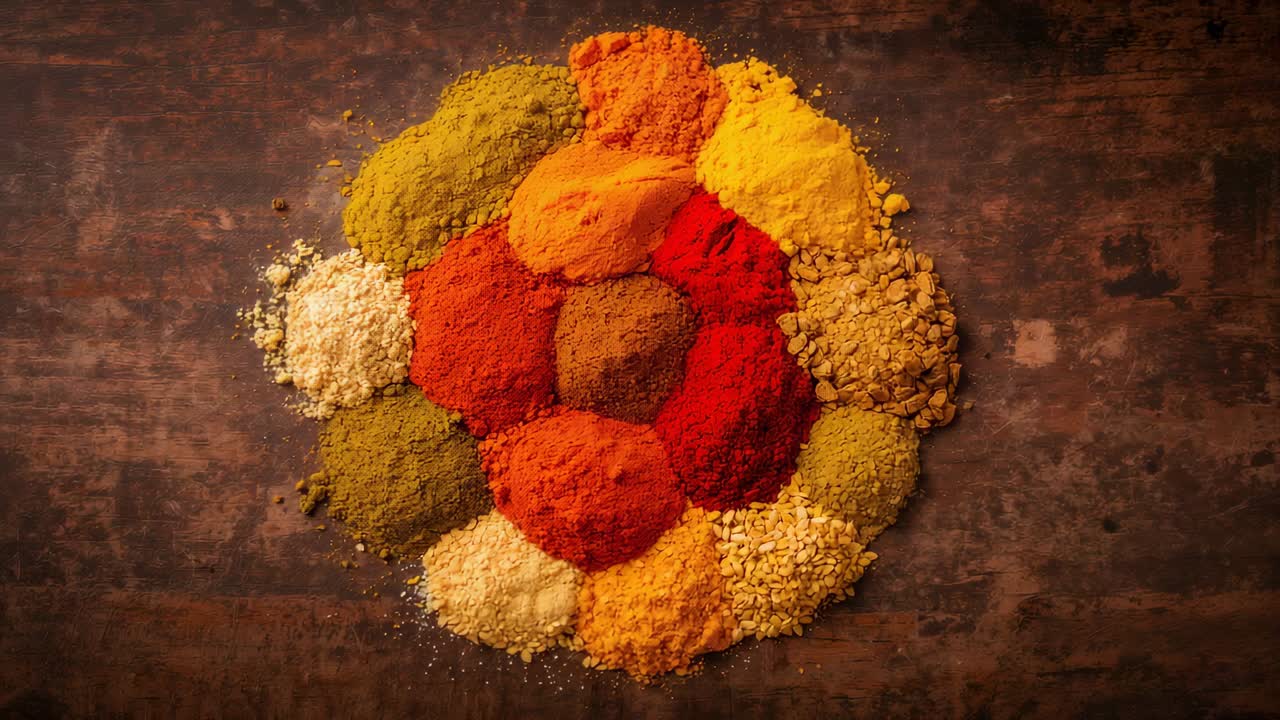 Recording camera zooming down and lighting rising over kitchen countertop, revealing spices, grains
