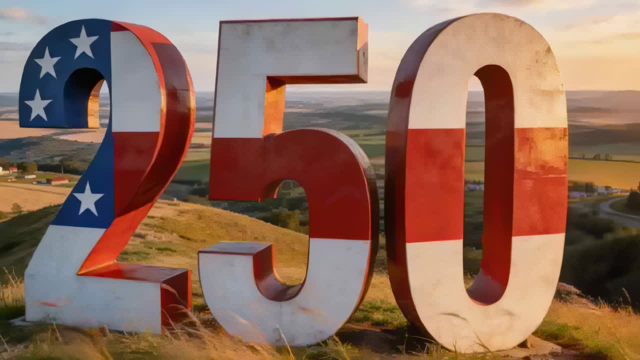 Shifting sunlight and breeze showing sheen on 250 sculpture at hilltop at sunset, with flag motif