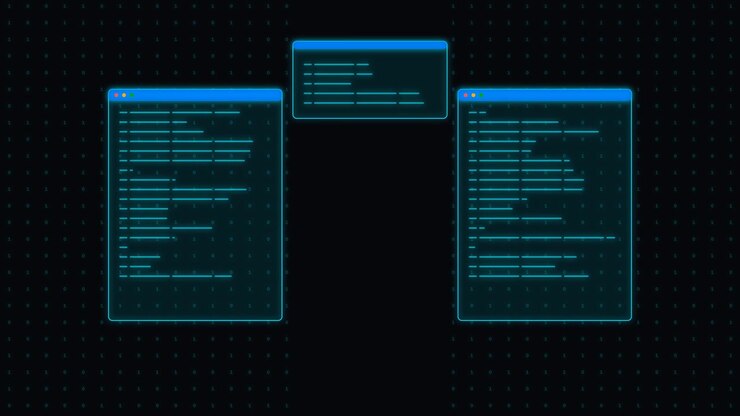 Digital Interface Displaying Multiple Software Code Windows