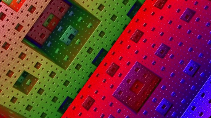 Animated Representation of a three dimensional Mandelbrot set, 3D, green yellow red blue cube, fly through and 180 degree spin
