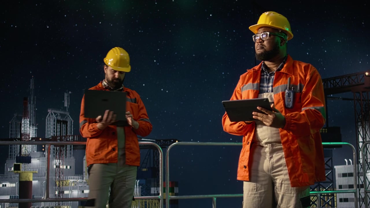 Man on offshore platform and colleague managing resources during oil crisis