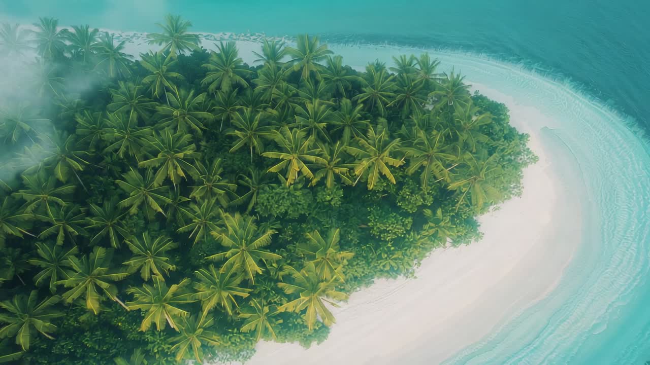 Lanzamiento de dron planeando sobre un islote, dejando ver una playa blanca, palmeras y un océano turquesa