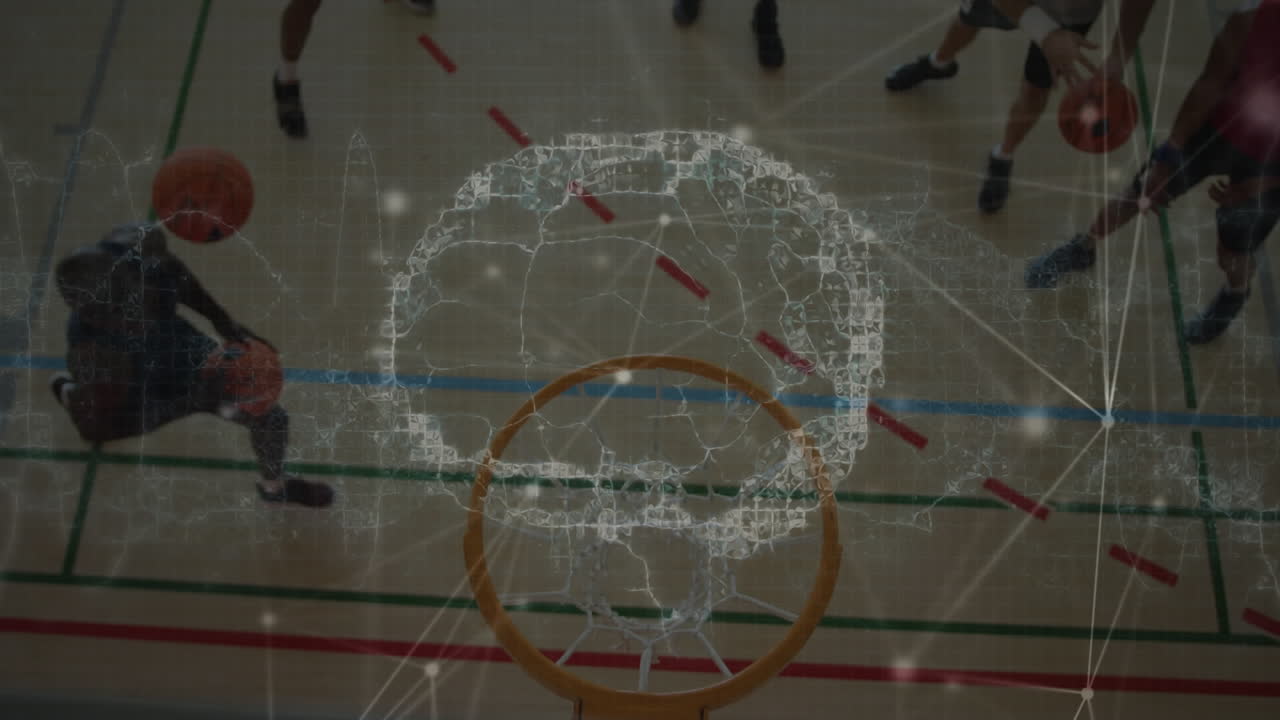 animación de la red de conexiones en un grupo diverso de jugadores de baloncesto masculinos