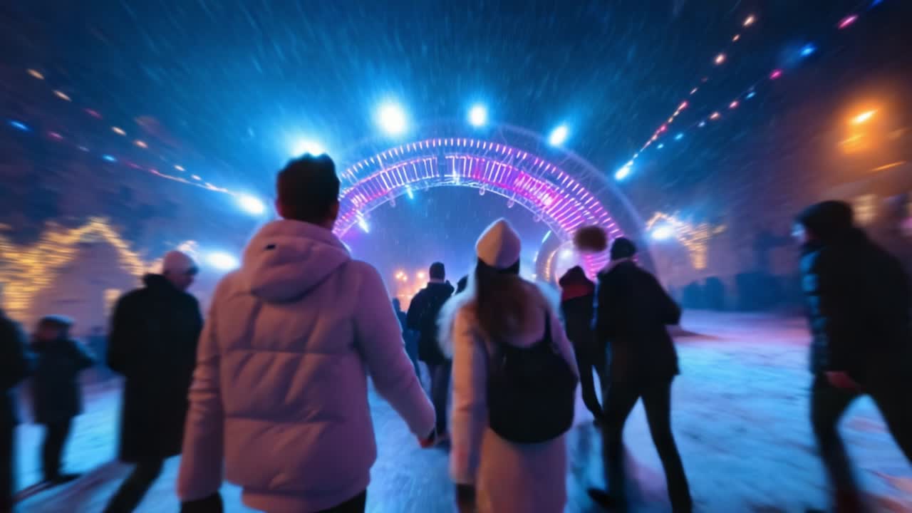 A magical winter evening unfolds under colorful lights as people walk through a dazzling archway, surrounded by swirling snowflakes and a festive atmosphere that captures the joy of the season