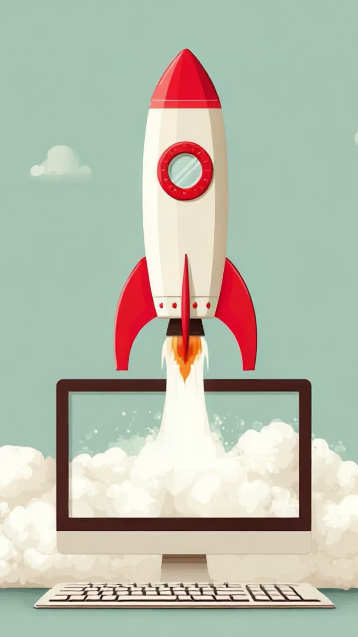 A Creative Digital Artwork Featuring a Retro Rocket Launching Off a Computer Screen Surrounded by Clouds, Symbolizing Innovation and Technology Advancement