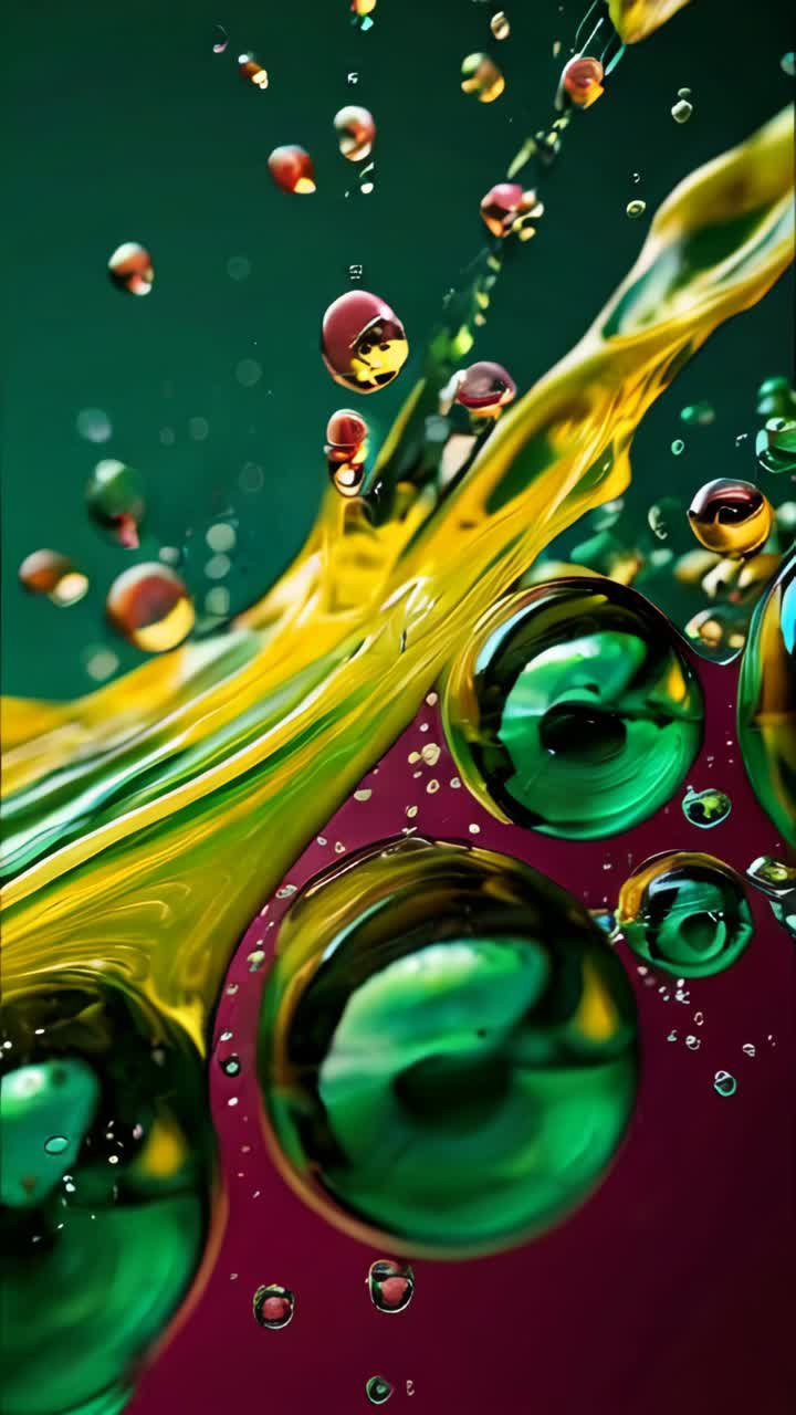 Splash of yellow, green and purple paint on green background, oil, liquid in motion