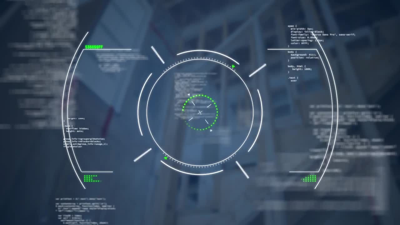 Animation of circles over computer language against low angle view of staircase of building