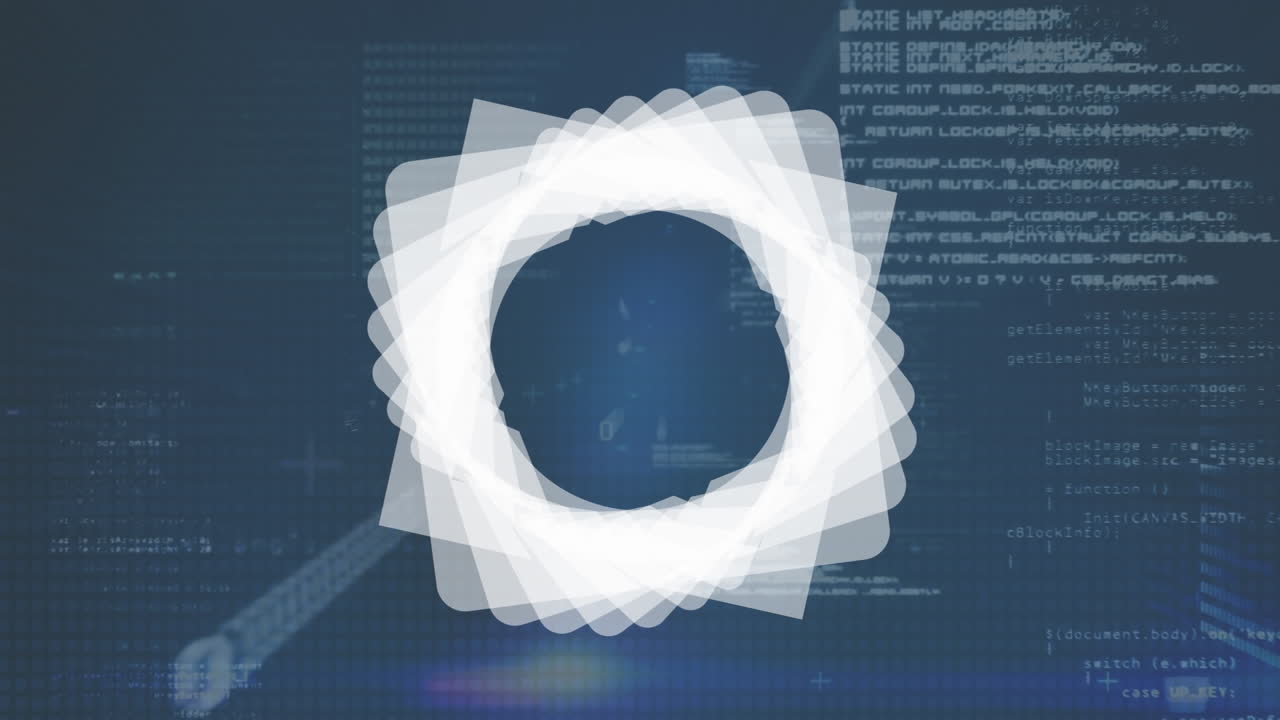 Animation of white shapes over data processing on black background