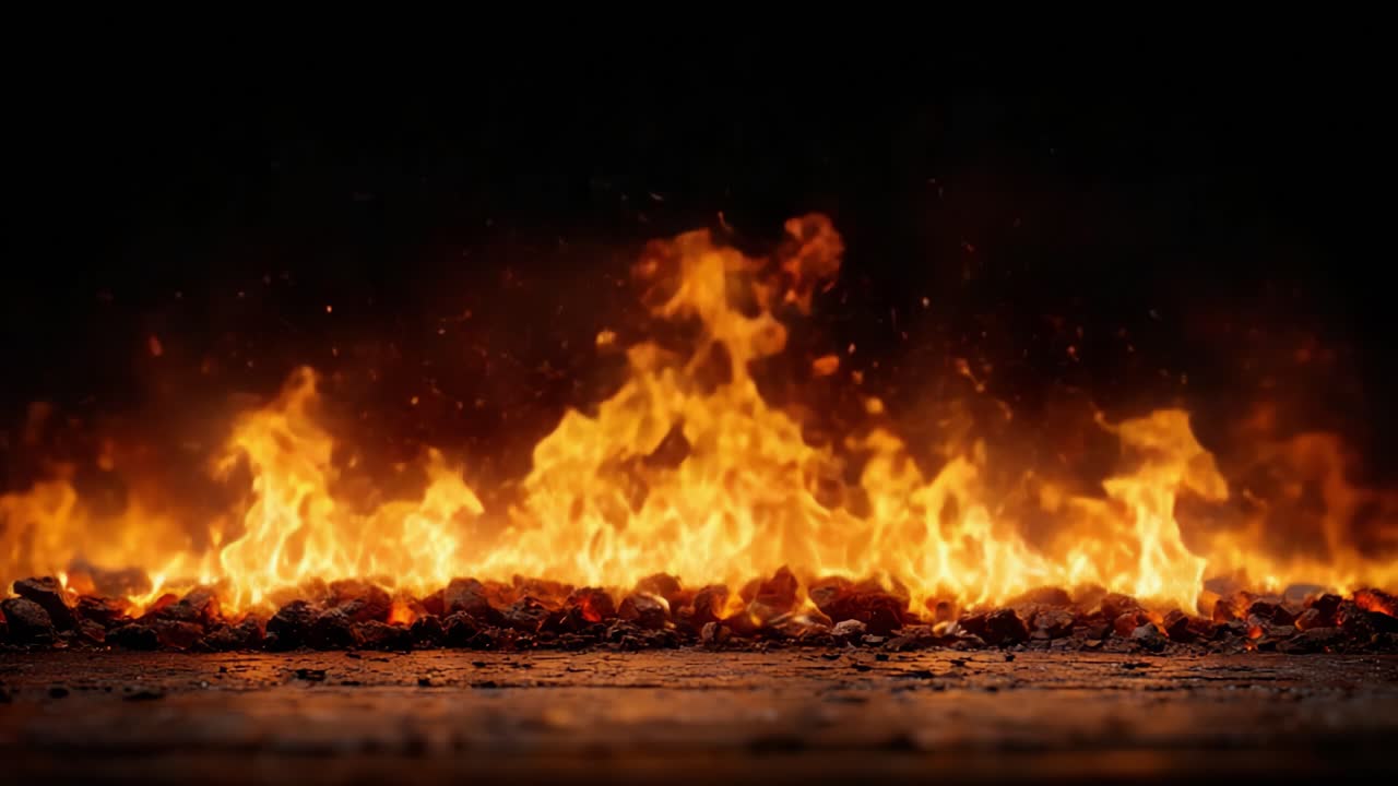 Dynamic Flames Dancing above Hot Coals: A Captivating Contrast of Fire and Darkness Evoking Nature's Elemental Power and Beauty in a Spectacular Display of Energy