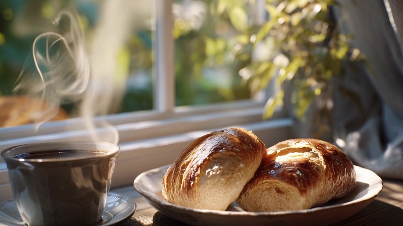 Dampende kaffe og ferske rundstykker ved et solfylt vindu