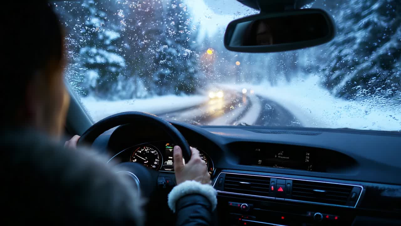 A Winter Journey: Driving Through a Snowy Landscape with Glistening Roads and Frosty Conditions, Capturing the Serenity and Challenges of Navigating in Adverse Weather