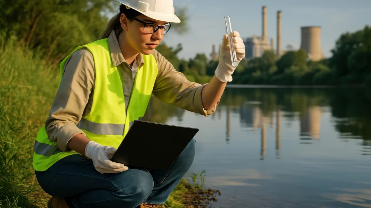 A worker in safety gear collects water samples by a river, holding a laptop