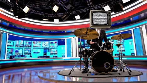 a drummer with a tv head in a news studio