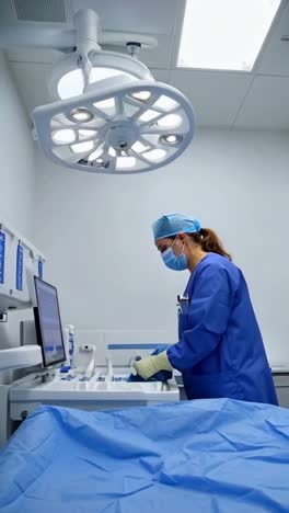 a woman in a blue lab coat and mask is cleaning a medical device, in a hospital or medical room.