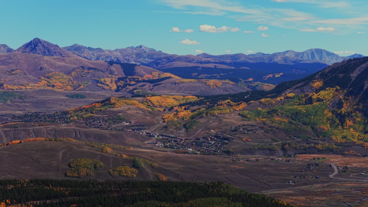 Mount Crested Butte Colorado drone aerial Mount Gothic town Elk Range Rocky Mountains fall autumn colorful quaking Aspen Trees blue sky clouds Coal Creek Ohio Kebler Pass parallax circle