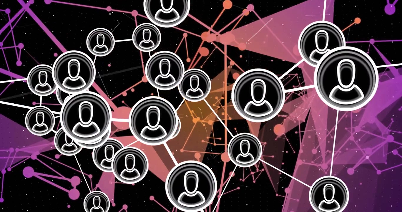 Network nodes drifting in, clustering into avatars, revolving then fading back visualizing network