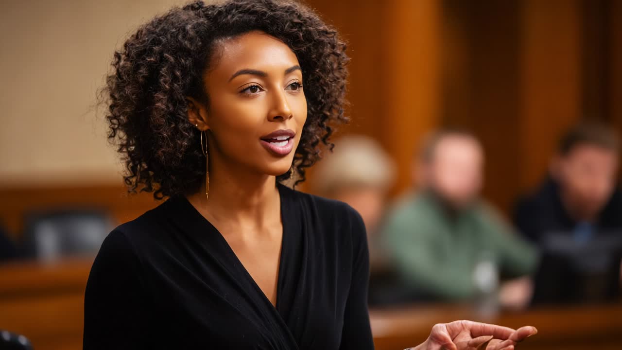 An Empowered Speaker in a Legal Setting Engages the Audience in a Courtroom Setting, Articulating Her Points with Poise and Confidence While Illustrating the Importance of Justice and Advocacy
