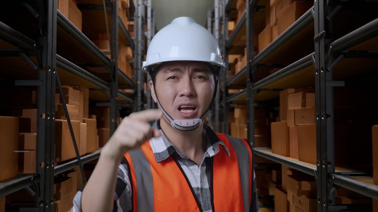 안전 헬을 입은 아시아 남성 엔지니어가 배달 물품으로 가득 찬 선반과 함께 창고에 서 있습니다. 화를 내고, 당신을 가리키고 창고에서 소리 니다.