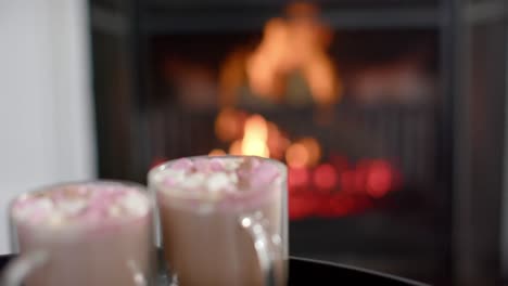 primer plano de tazas con postres, cámara lenta frente a un fuego abierto, cámara lenta