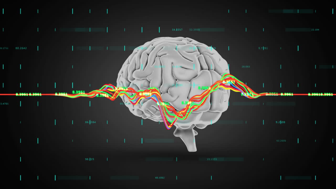 animación del procesamiento de datos sobre el cerebro digital en fondo negro