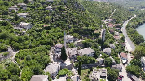 aerial overhead view of sisman ibrahim pasha mosque in historic village settlement of pocitelj