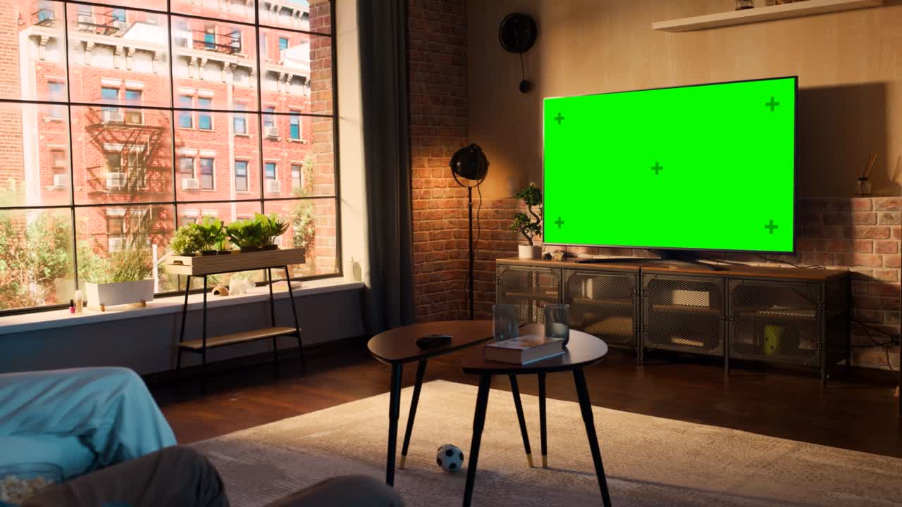 젊은 부부는 소파에 앉아서 집에서 시간을 보내고, 그들의 세련된 로프트 아파트에서 녹색 화면 모의 디스플레이를 가진 tv를보고 있습니다. 남자와 여자는 영화 또는 쇼를 스트리밍하고 팝콘을 먹습니다.