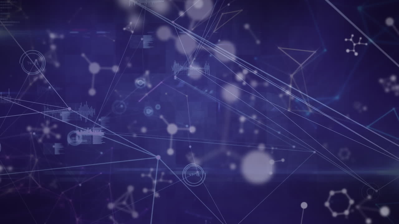 Animation of networks of connections with molecules on blue background