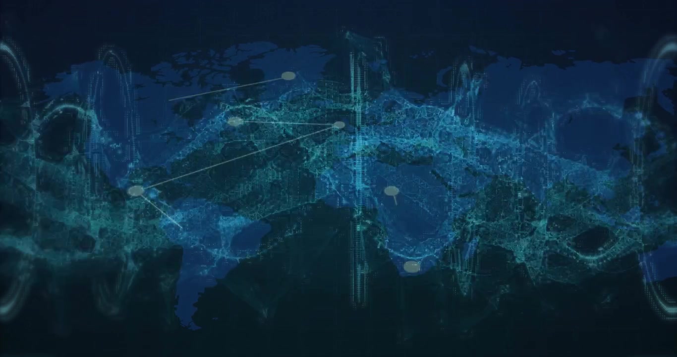 Starting with world map, glowing nodes emerging and connecting as waves pulsing to show data flow
