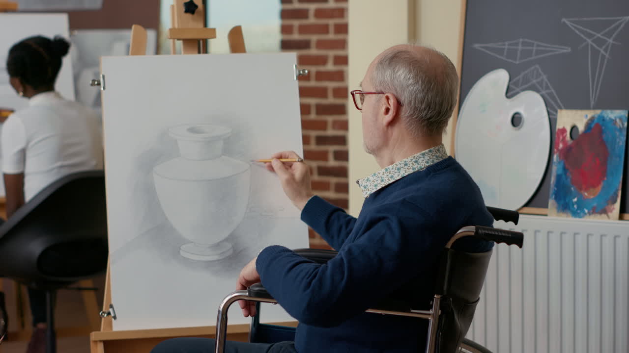 Elder person in wheelchair creating vase drawing on canvas