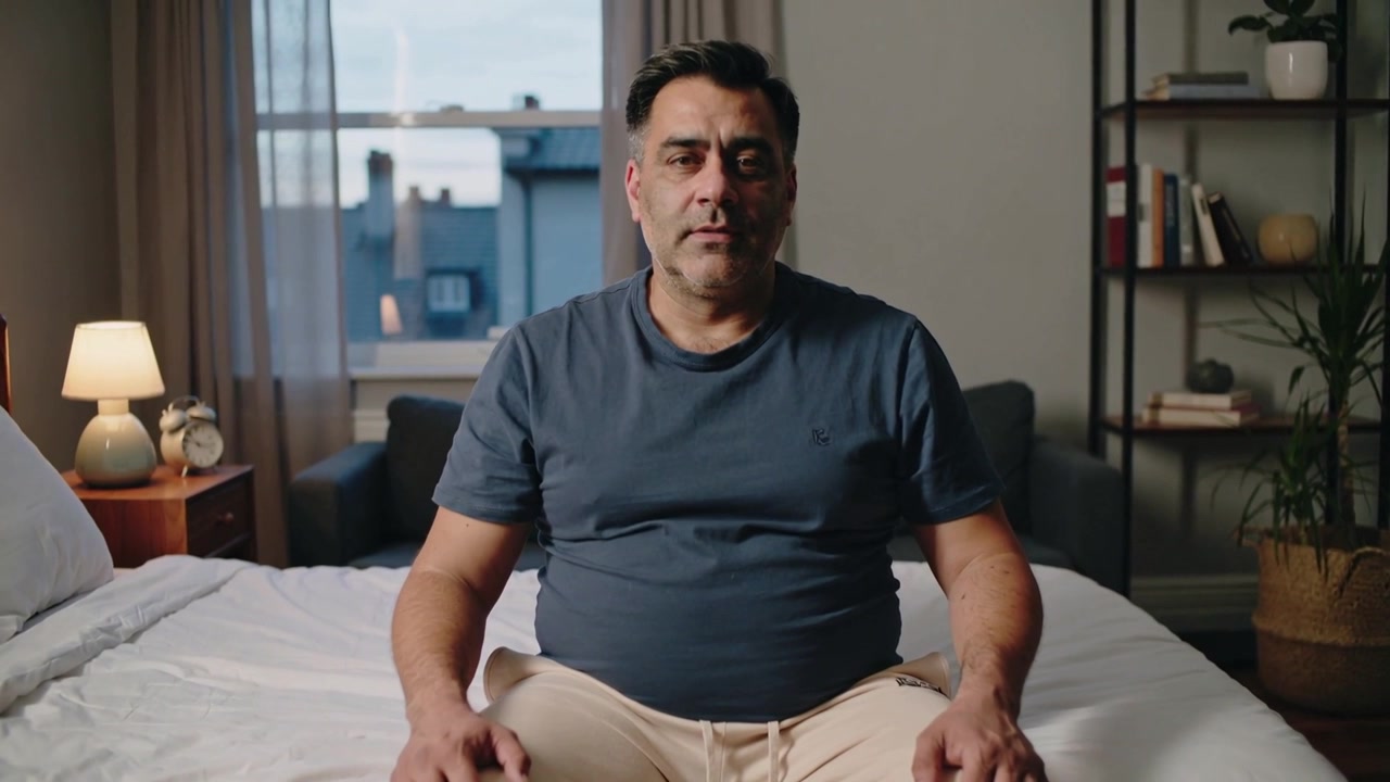 La cámara haciendo zoom, un hombre de mediana edad inclinándose hacia adelante y enderezando el torso en la cama, vistiendo una camiseta oscura