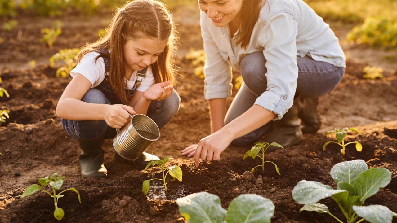 Pointing mother teaching daughter pouring water from metal can onto seedling in backyard, in denim