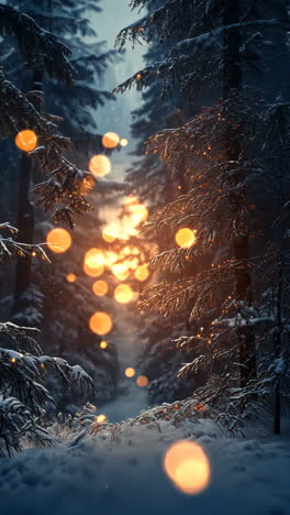 glowing orbs light up a winter forest during sunset