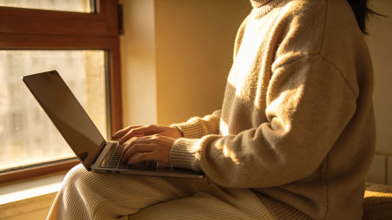 Frau in Strickpullover macht es sich auf einer Fensterbank bequem, öffnet ihren Laptop, tippt und arbeitet remote.