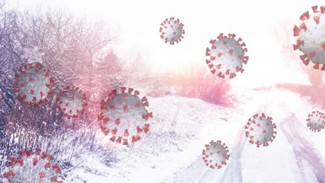 animation of covid 19 cells floating over winter scenery in background