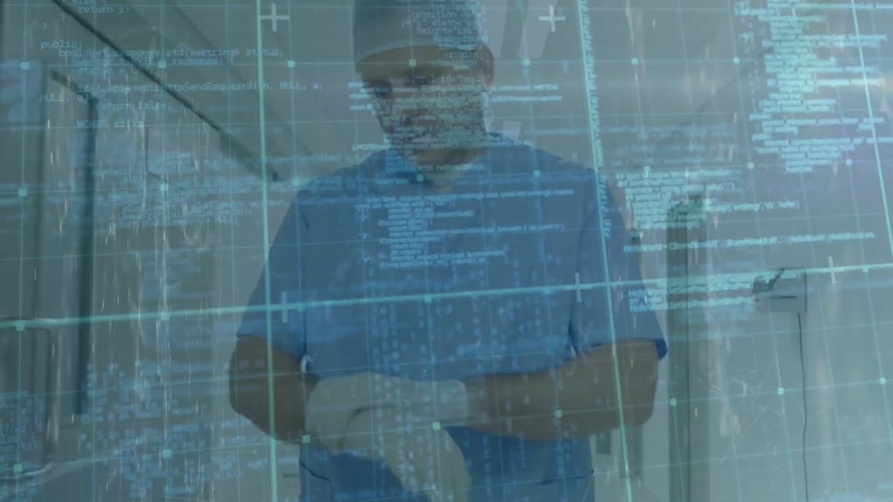 Animation of data processing over caucasian male doctor walking