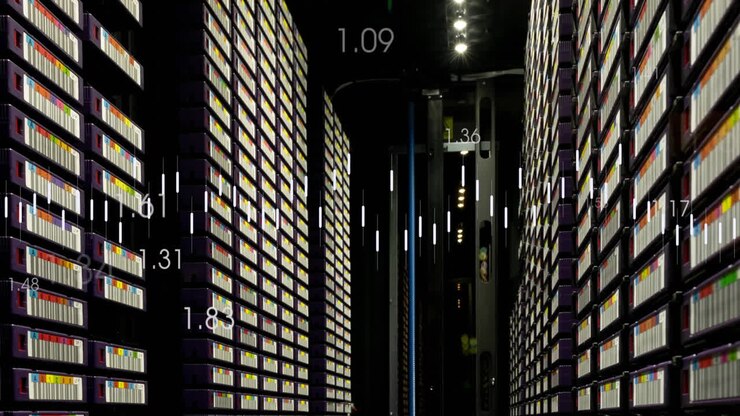 Animation af databehandling mod et computerserverrum
