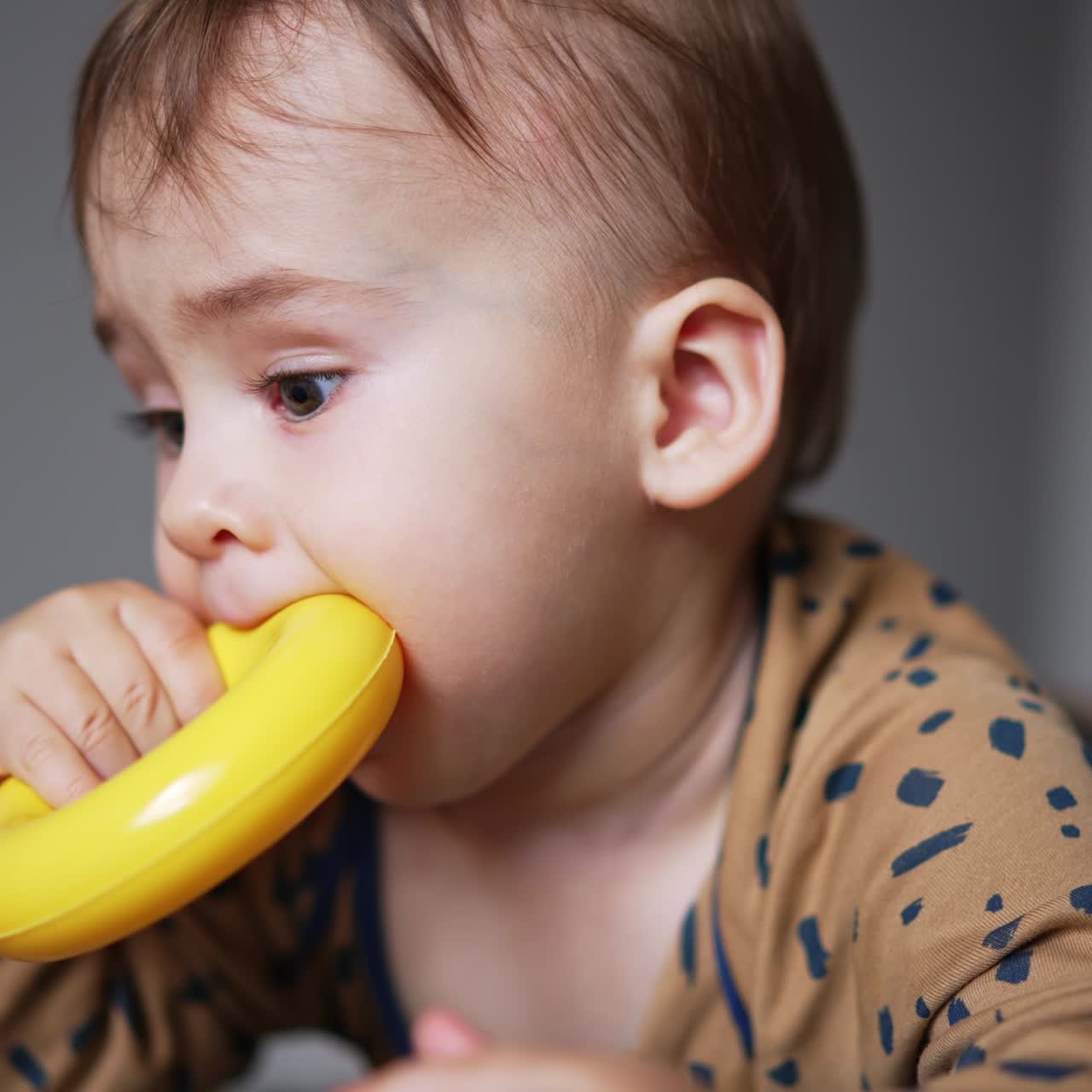 Adorable Caucasian kid picks up a toy and tries to taste it. Curious child playing with toys on the floor. Close up. Blurred backdrop