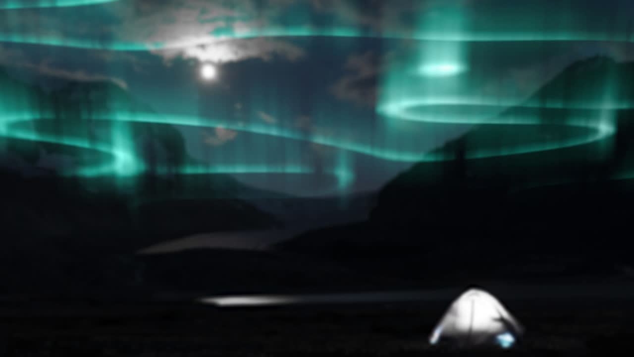 Animation of green and blue aurora borealis lights moving over landscape with mountains at night