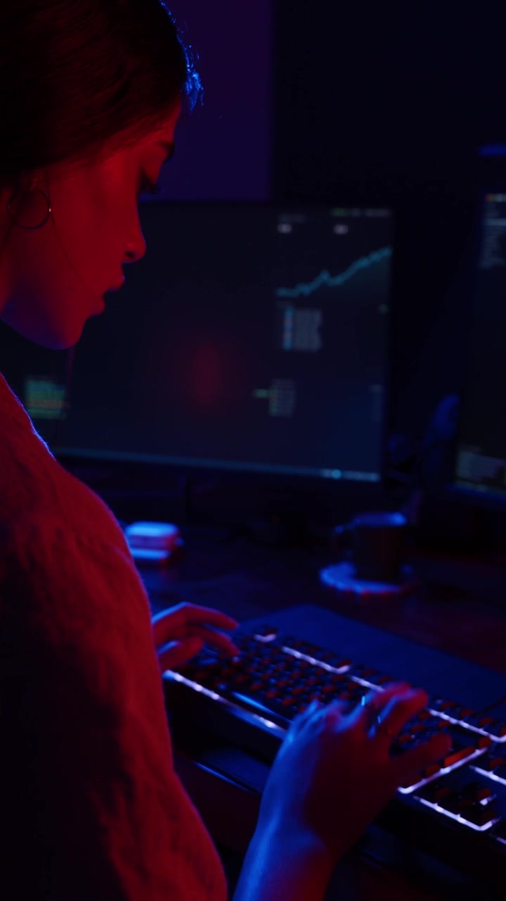 Young Woman Working on Computer in Dark Room with Neon Lighting