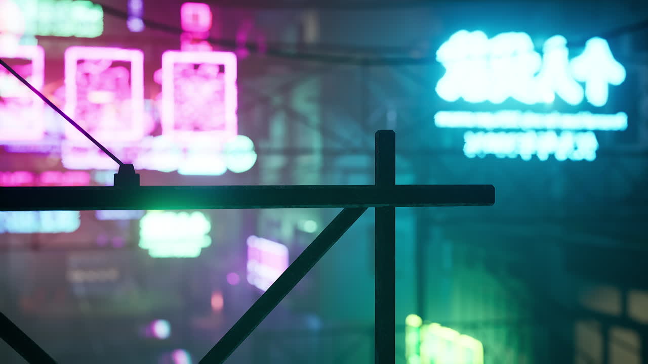 생동감 넘치는 네온 불빛으로 밤에 사이버 크 도시 풍경